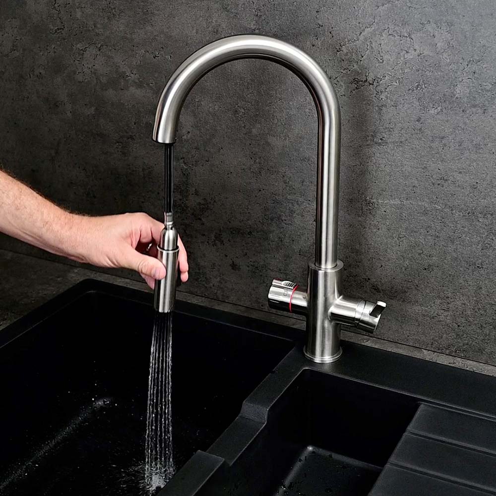 Aqua Ultra Pro Brushed Chrome 4 in 1 Instant Boiling Water Tap With Pull Out Spray and 4 litre Boiler