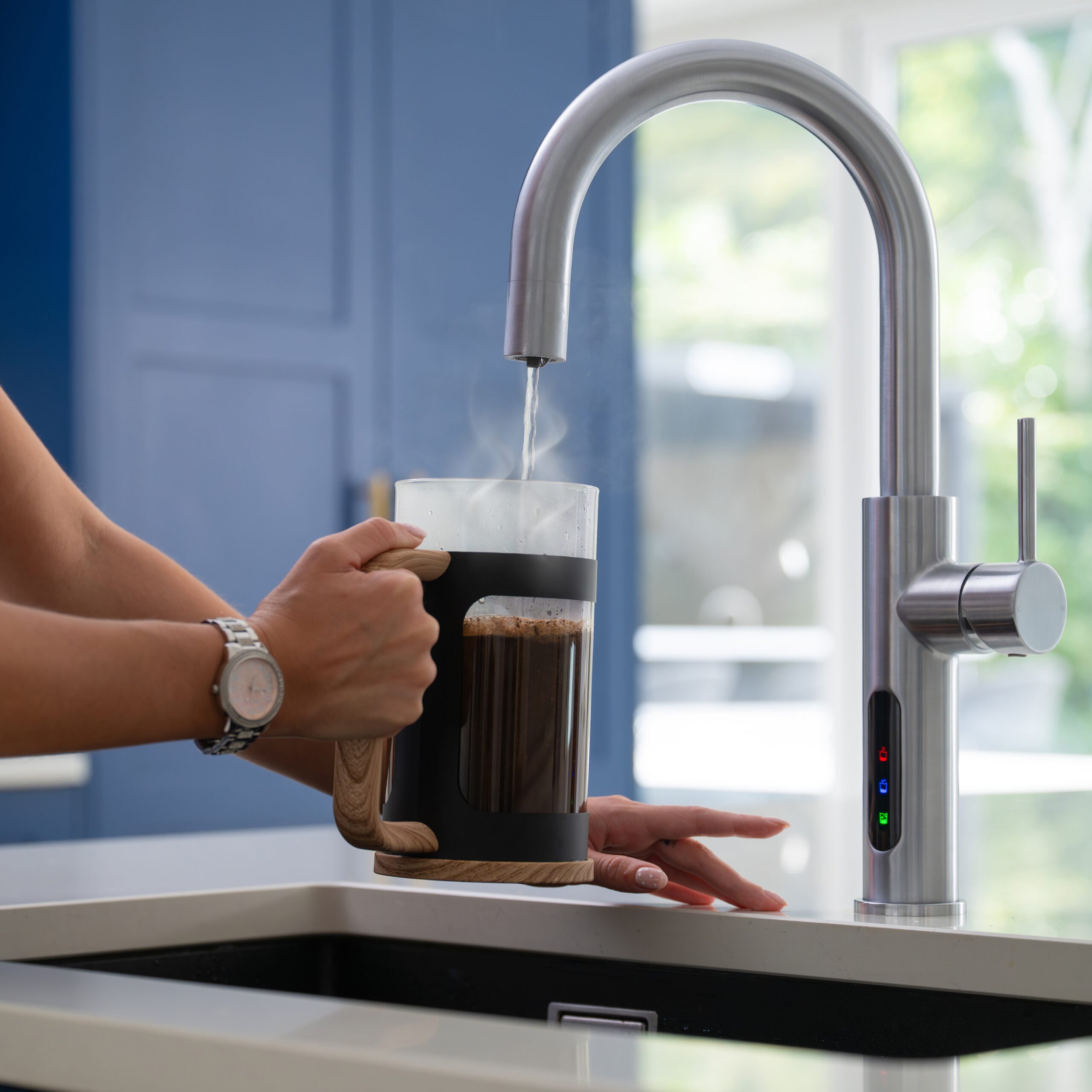 Digital 5 In 1 Sparkling Instant Boiling Chilled Filtered Water Tap Aquatap Fizz C Shape Brushed Chrome