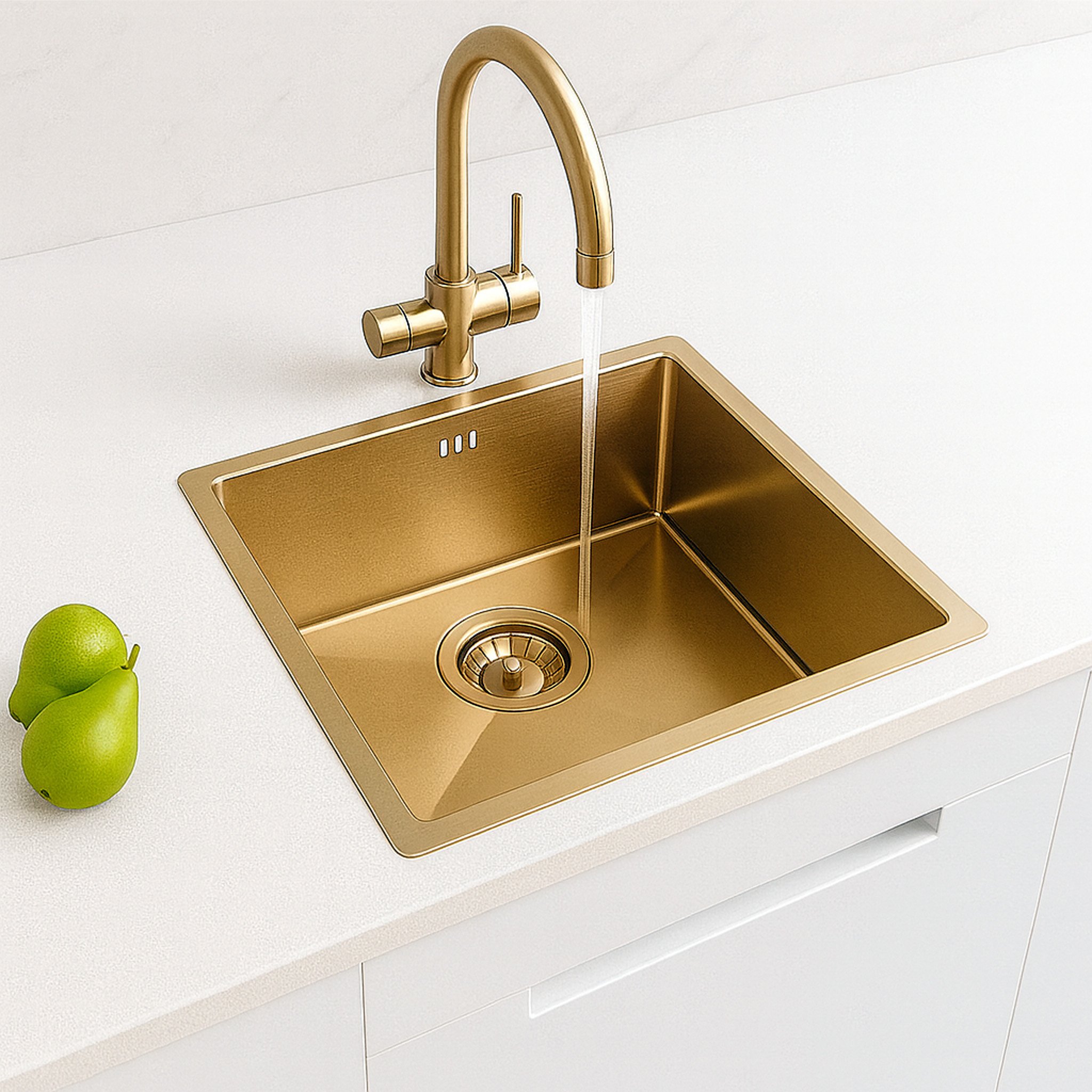 Aquataps Kitchen Sink 1 Bowl Stainless Steel Inset Or Undermount Gold Finish With Gold Strainer Wastes