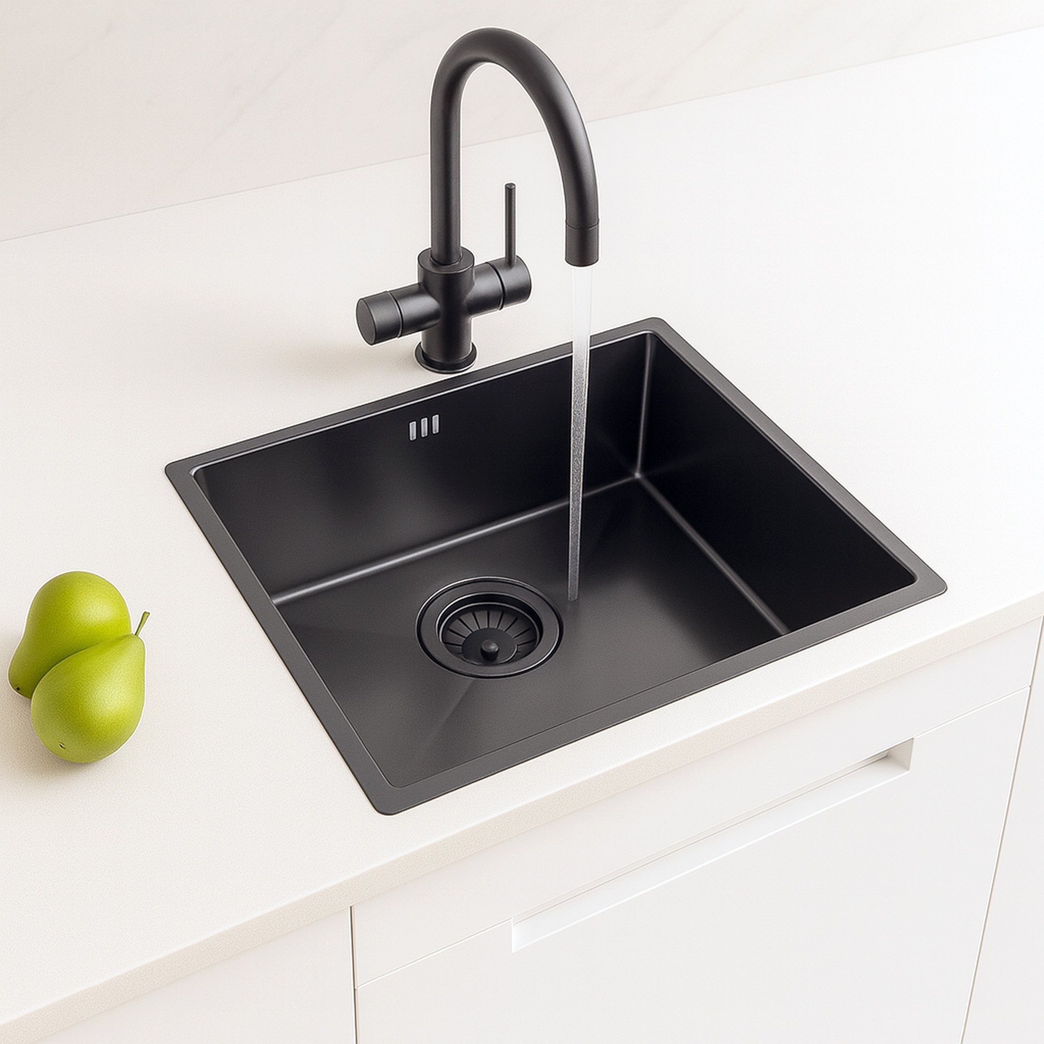 Aquataps Kitchen Sink 1 Bowl Stainless Steel Inset or Undermount with Strainer Wastes Black Finish